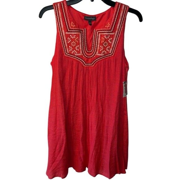 Luxology Dress Womens M Red Embroidered Beaded V-Neck Sleeveless Boho flowy New - Picture 1 of 8
